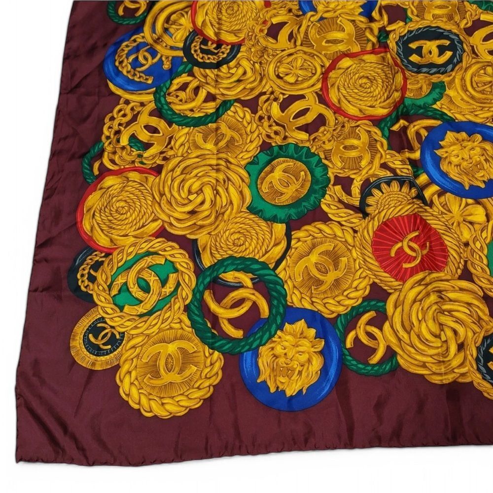 CHANEL Burgundy & Gold CC Logo Jewelry Motif Silk Scarf - Picture 4 of 8